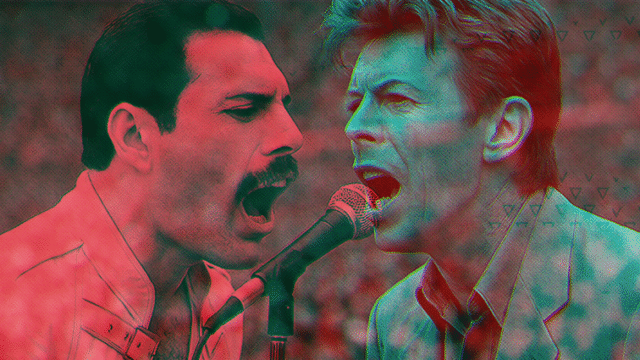 Freddie Mercury and David Bowie performing together – iconic music collaboration from "Under Pressure"