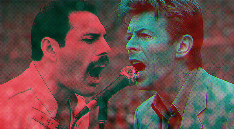 Freddie Mercury and David Bowie performing together – iconic music collaboration from "Under Pressure"