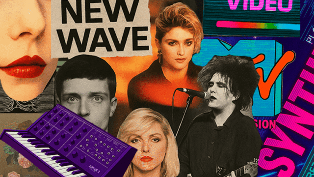 Collage of iconic synth-pop and new wave artists from the 1980s, featuring vintage synthesizers, MTV logo, and bold text reading "New Wave" and "Synth."