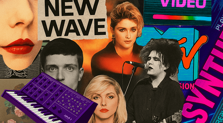 Collage of iconic synth-pop and new wave artists from the 1980s, featuring vintage synthesizers, MTV logo, and bold text reading "New Wave" and "Synth."