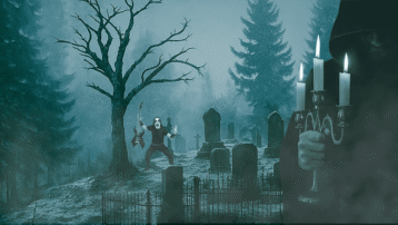 Grim cemetery with a corpse-painted guitarist and a hooded figure holding a candelabra, reflecting the dark subgenres of metal music from Doom to Black Metal.